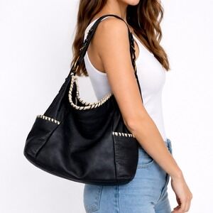 Aqua Madonna Black Leather Hobo Bag Whipstitch Detail Shoulder Bag